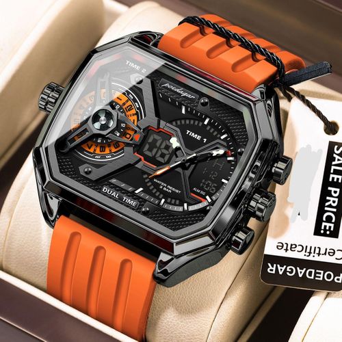 POEDAGAR sporty men's watch, dual-time luminous display